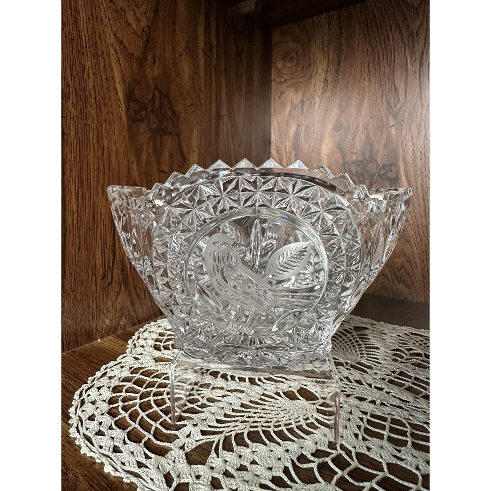 Vintage Hofbauer Byrdes Crystal Bowl Sawtooth Rim | Etched Bird Oval Dish